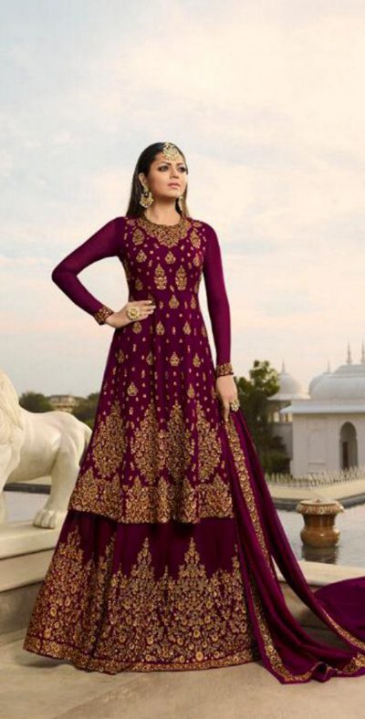 Stylish Maroon Color Georgette With Embroidery Work Sharara Suit