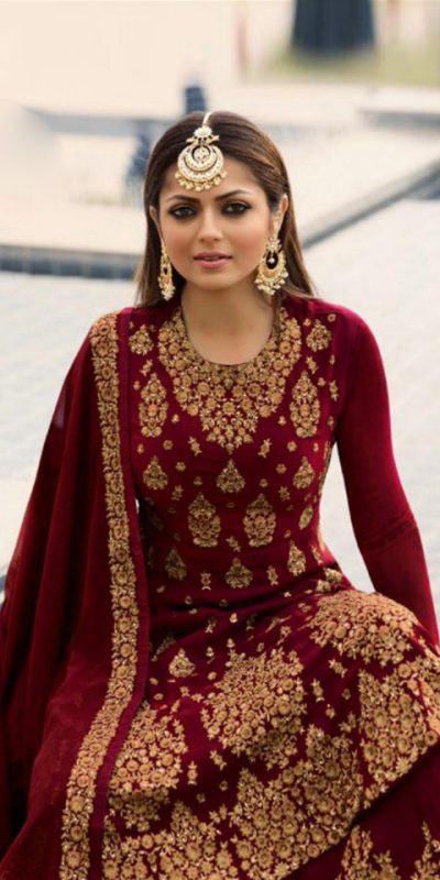Stylish Red Color Georgette With Embroidery Work Sharara Suit