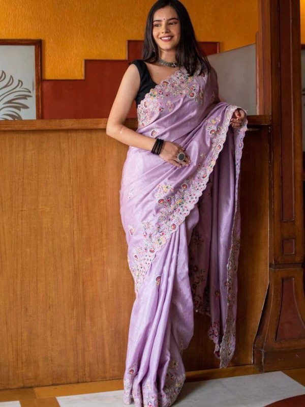 Stylish Violet Color Vichitra Silk Cotton Embroidery Work Saree