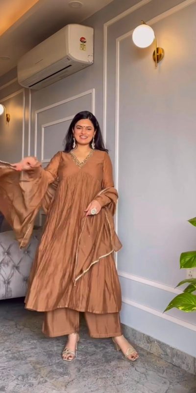 Sublime Brown Color Pure Chinon Silk Embroidery Sharara Suit