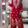 Red Rayon Chain-Stitch Sequence Salwar Suit