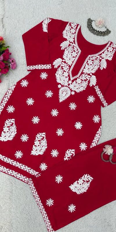 Sublime Red Color Rayon Chain-Stitch Sequence Salwar Suit