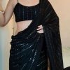 Black Georgette Embroidery Cotton Thread Saree