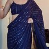 Blue Georgette Embroidery Cotton Thread Saree