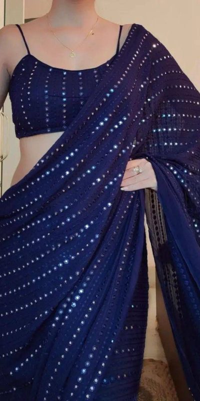 Superb Blue Color Georgette Embroidery Cotton Thread Saree