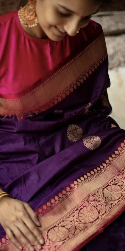 Superb Purple Color Soft Lichi Silk Cloth Beautiful Rich Pallu Saree