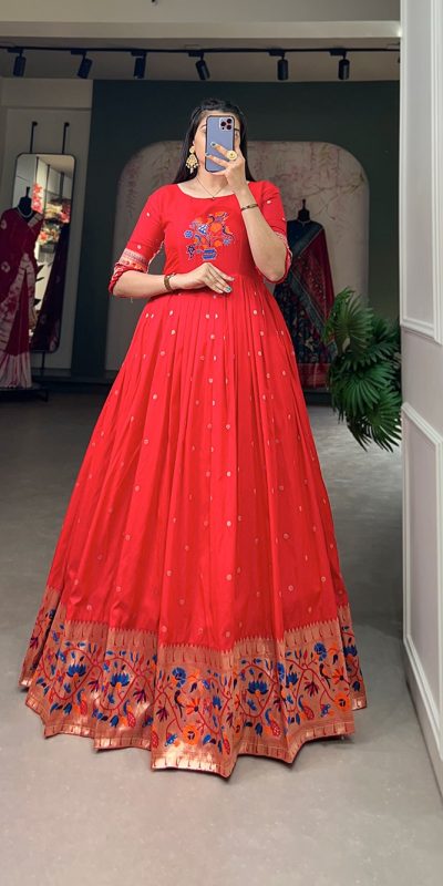 Superb Red Color Jacquard Silk Paithani Zari Designer Gown