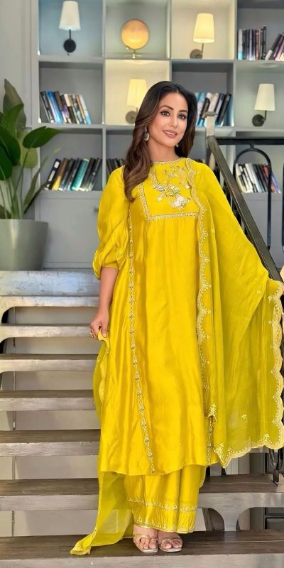 Superb Yellow Color Chinnon Silk Embroidery Sequence Salwar Suit