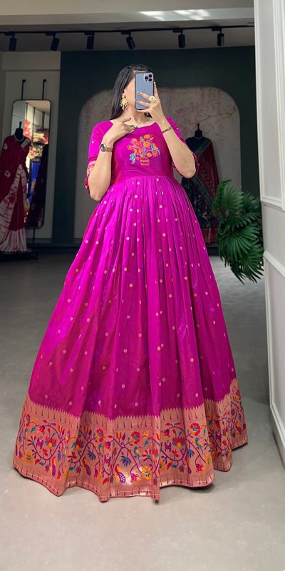 Superb purple Color Jacquard Silk Paithani Zari Designer Gown