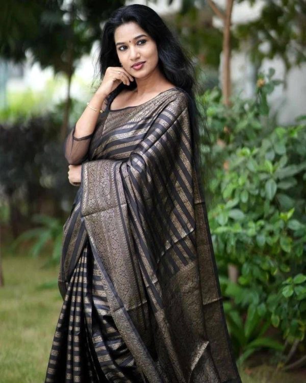 KP 4085 Black Color Soft Lichi Silk Jacquard On All Over Saree Casual, Party Wear, Wedding, Events Etc. Expected Delivery 4-6 Working Days @1399/- | Sarees, Bollywood Sarees, Creative Sarees, Designer Sarees, Embroidered Sarees, Ethnic Saree, Modern Digital sarees, Party Wear Sarees