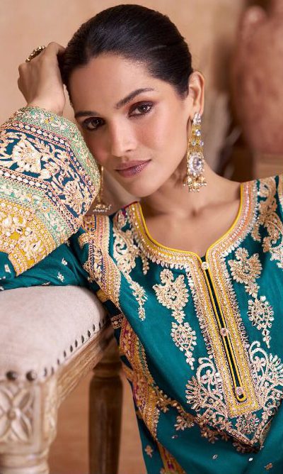Beautiful Blue Color Chinon Coding Embroidery Salwar Suit