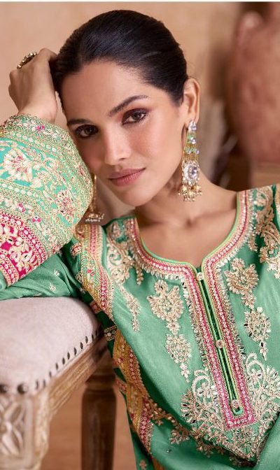 Beautiful Green Color Chinon Coding Embroidery Salwar Suit