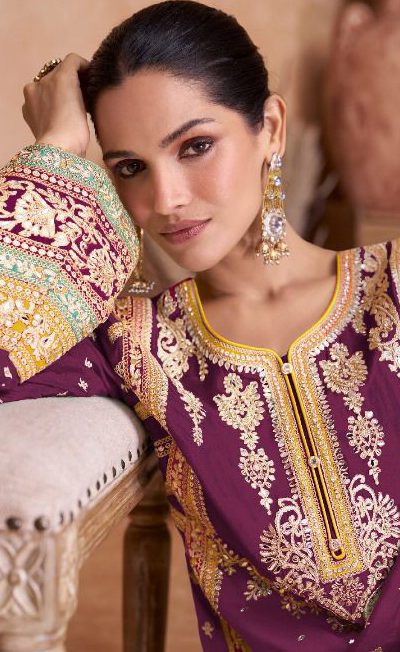 Beautiful Purple Color Chinon Coding Embroidery Salwar Suit