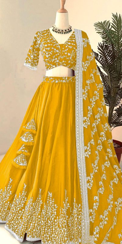 Beautiful Yellow Color Georgette Embroidery Sequence Work Lehenga Choli