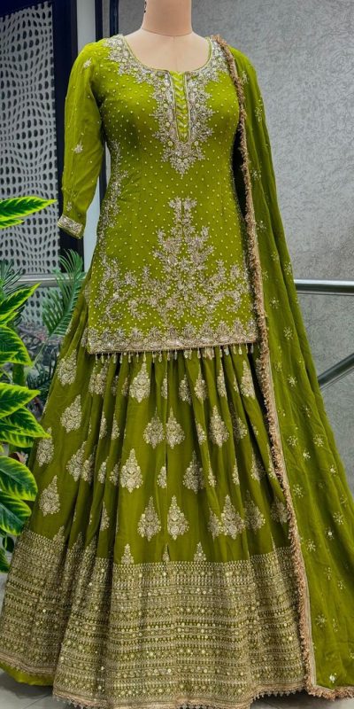 Captivating Pista Green Color Chinnon Silk Embroidery Lehenga Choli