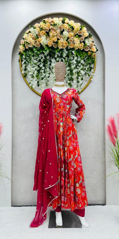 Captivating Red Color Chinon Silk Thread With Sequence Anarkali Suit