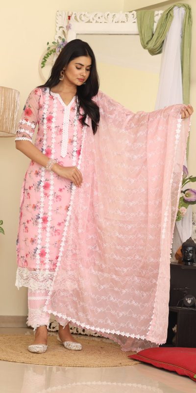 Cute Light Pink Color Organza Digital Printed Thread Anarkali Suit