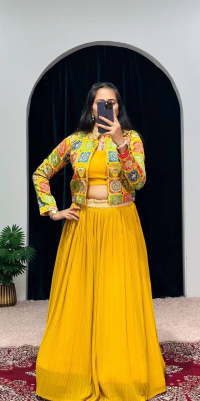 Cute Yellow Color Georgette Zari Kashmiri Mirror Lehenga Choli
