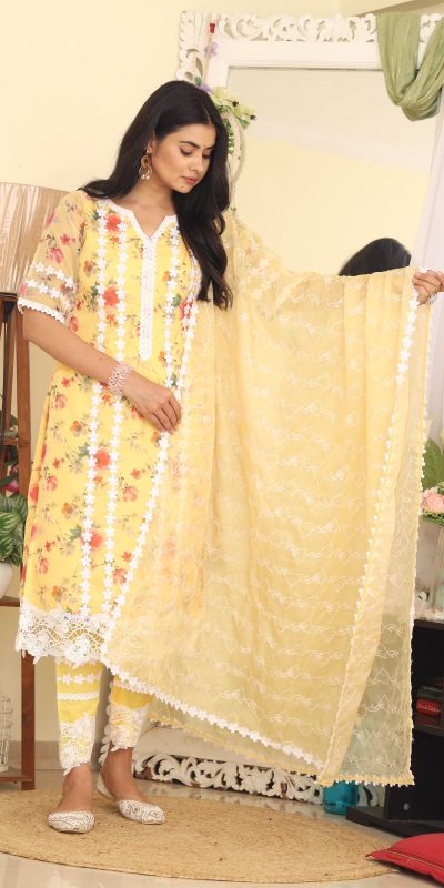 Cute Yellow Color Organza Digital Printed Thread Anarkali Suit