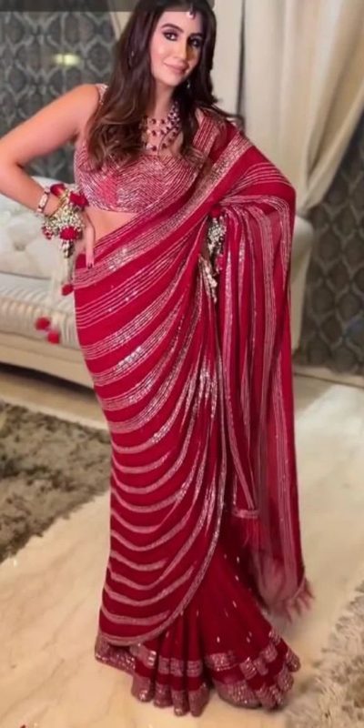Dazzling Red Color Georgette Embroidery Pallu & Scat Saree
