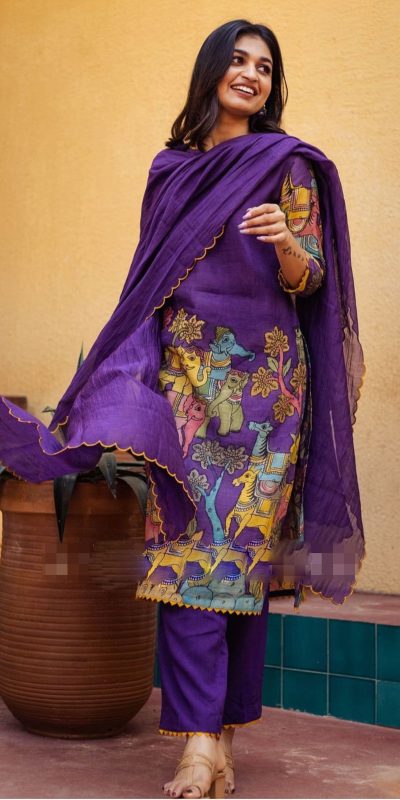 Elegant Violet Color Cotton Kalamkari Print Work Kurti