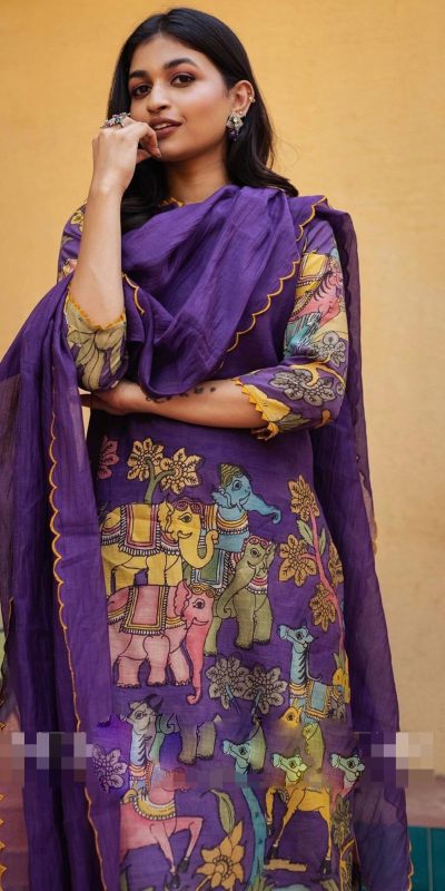 Elegant Violet Color Cotton Kalamkari Print Work Kurti