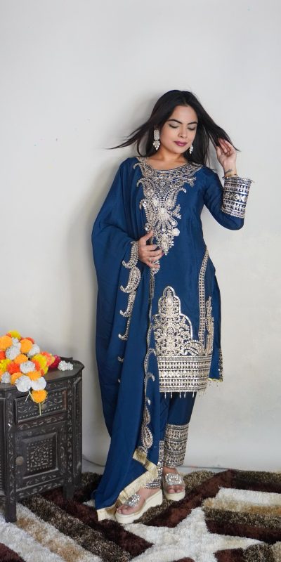 Fine Blue Color Pure Chinnon Silk Embroidery Salwar Suit