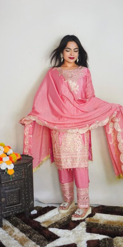 Fine Pink Color Pure Chinnon Silk Embroidery Salwar Suit