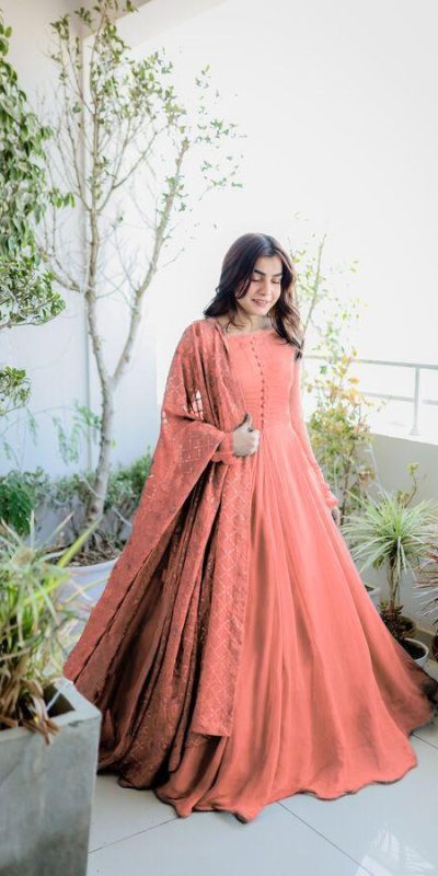 Glamorous Peach Color Georgette Embroidery Work Anarkali Suit