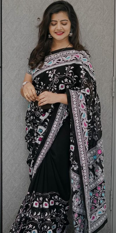 Graceful Black Color Faux Georgette Embroidery Work Saree