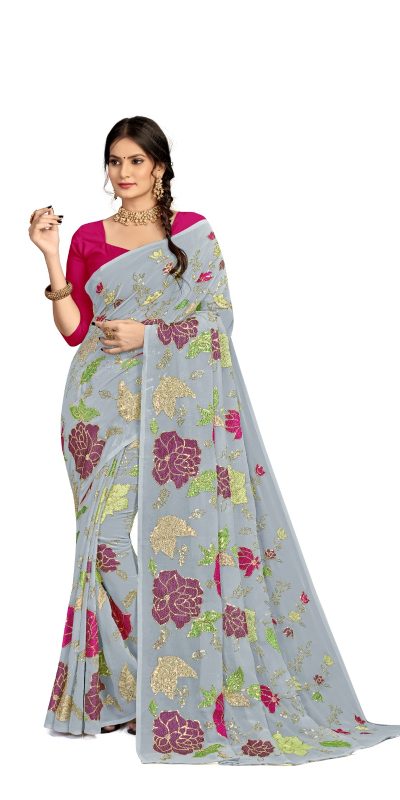 Graceful Grey Color Georgette Fancy Thread & Sequence Saree