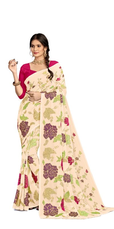 Graceful Peach Color Georgette Fancy Thread & Sequence Saree
