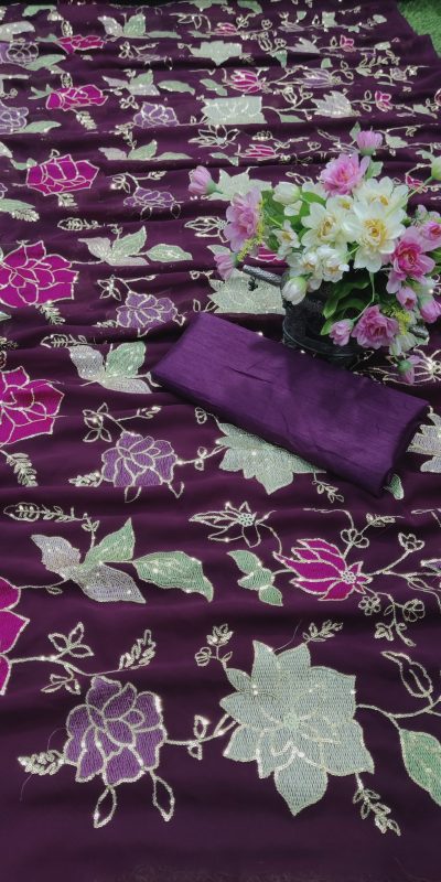 Graceful Purple Color Georgette Fancy Thread & Sequence Saree