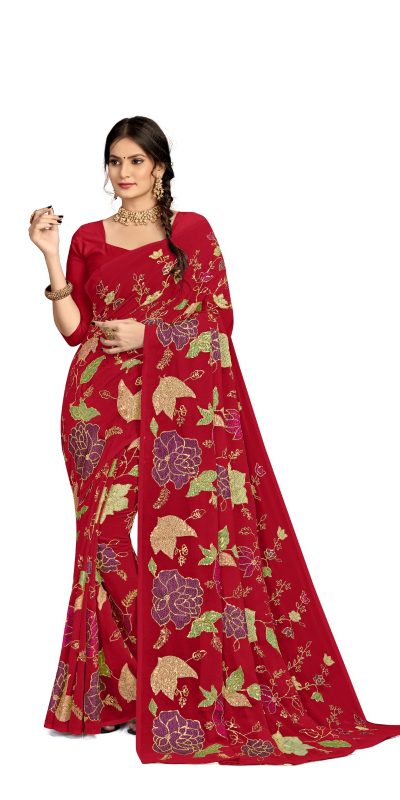 Graceful Red Color Georgette Fancy Thread & Sequence Saree