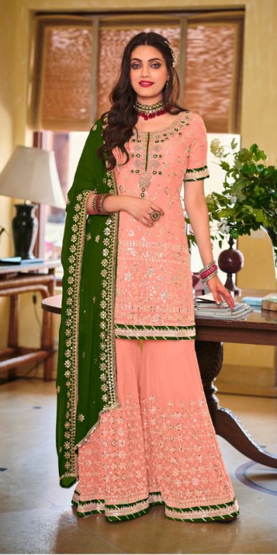 Grand Light Pink Color Faux Georgette Embroidery Work Salwar Suit