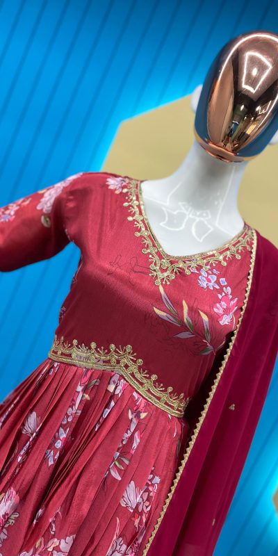 Grand Red Color Chinon Print Sequence Embroidery Salwar Suit