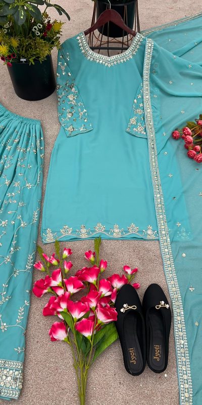 Luminous Blue Color Georgette Embroidery Sequence Salwar Suit