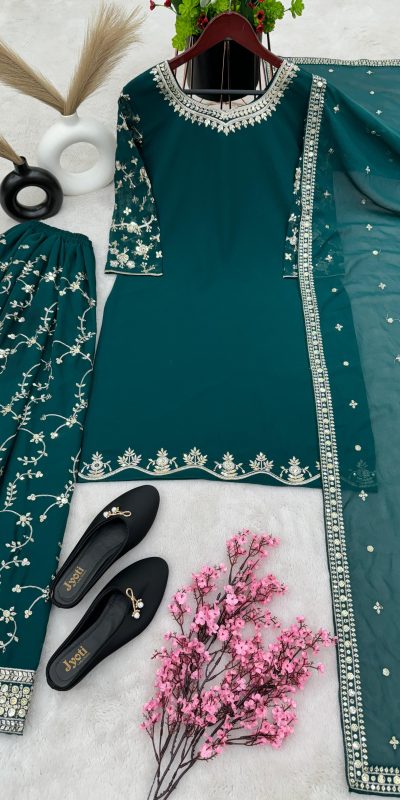 Luminous Peacock Green Color Georgette Embroidery Salwar Suit