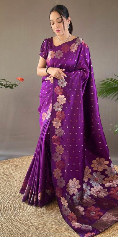 Nice Purple Color Soft Lichi Silk Ordinary Design Rich Pallu Saree