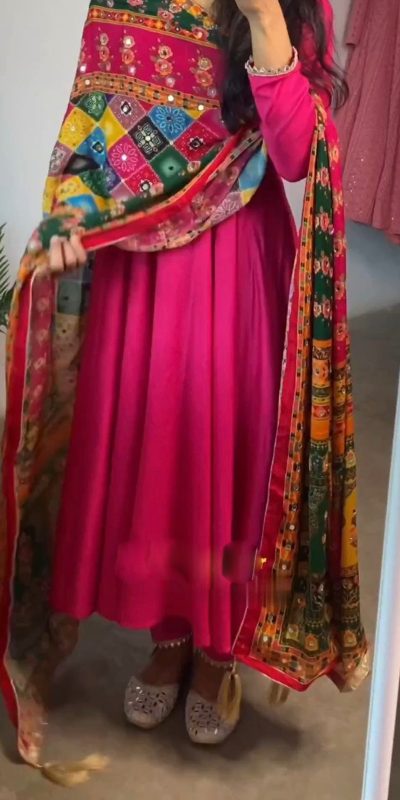 Nice Red Maliy Satin Digital Print Real Mirror Dupatta Anarkali Suit