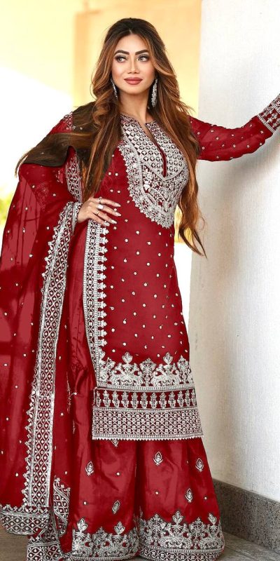 Pretty Red Color Georgette Embroidery Sequence Salwar Suit