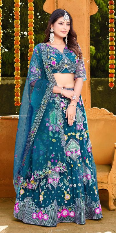 Pure Blue Color Butterfly Net Sequins Embroidered Work Lehenga Choli