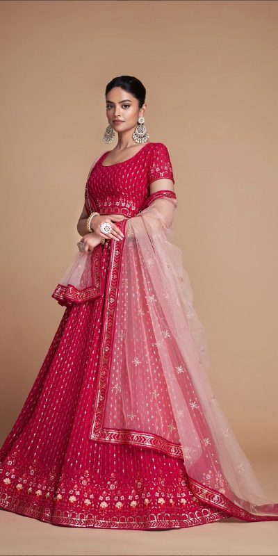Sightly Red Color Georgette Embroidery Sequins Lehenga Choli