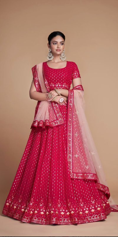 Sightly Red Color Georgette Embroidery Sequins Lehenga Choli