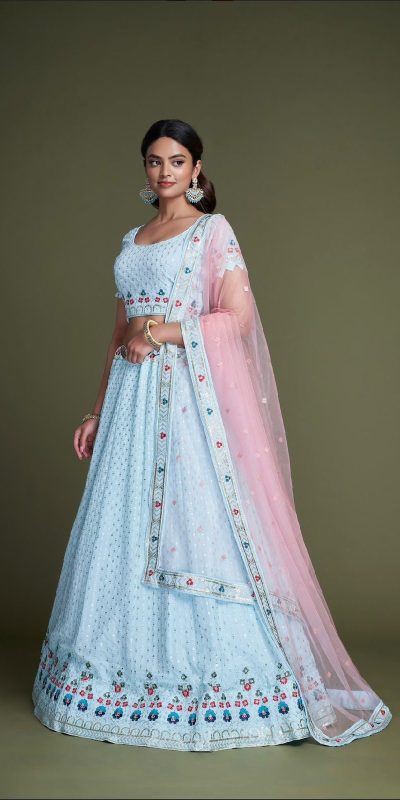 Sightly Sky Blue Color Georgette Embroidery Sequins Lehenga Choli
