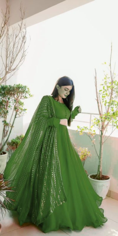 Special Green Color Faux Georgette Thread With Sequence Anarkali Suit