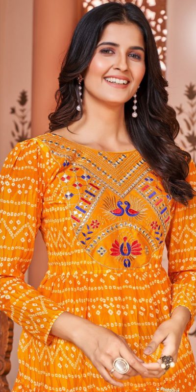 Sublime Orange Color Heavy Georgette Printed Embroidery Work Gown