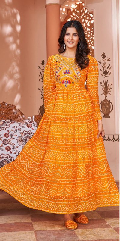 Sublime Orange Color Heavy Georgette Printed Embroidery Work Gown