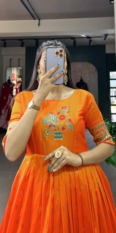 Superb Orange Color Jacquard Silk Paithani Zari Designer Gown