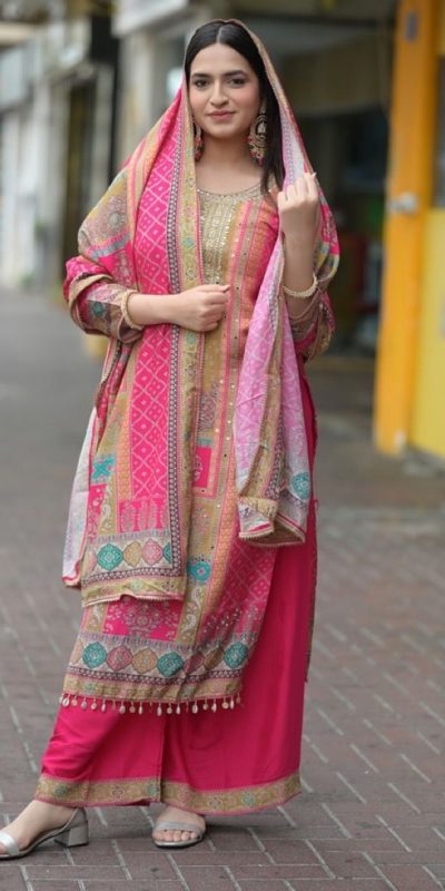 Superb Pink Color Maslin Embroidery Printed Mirror Salwar Suit
